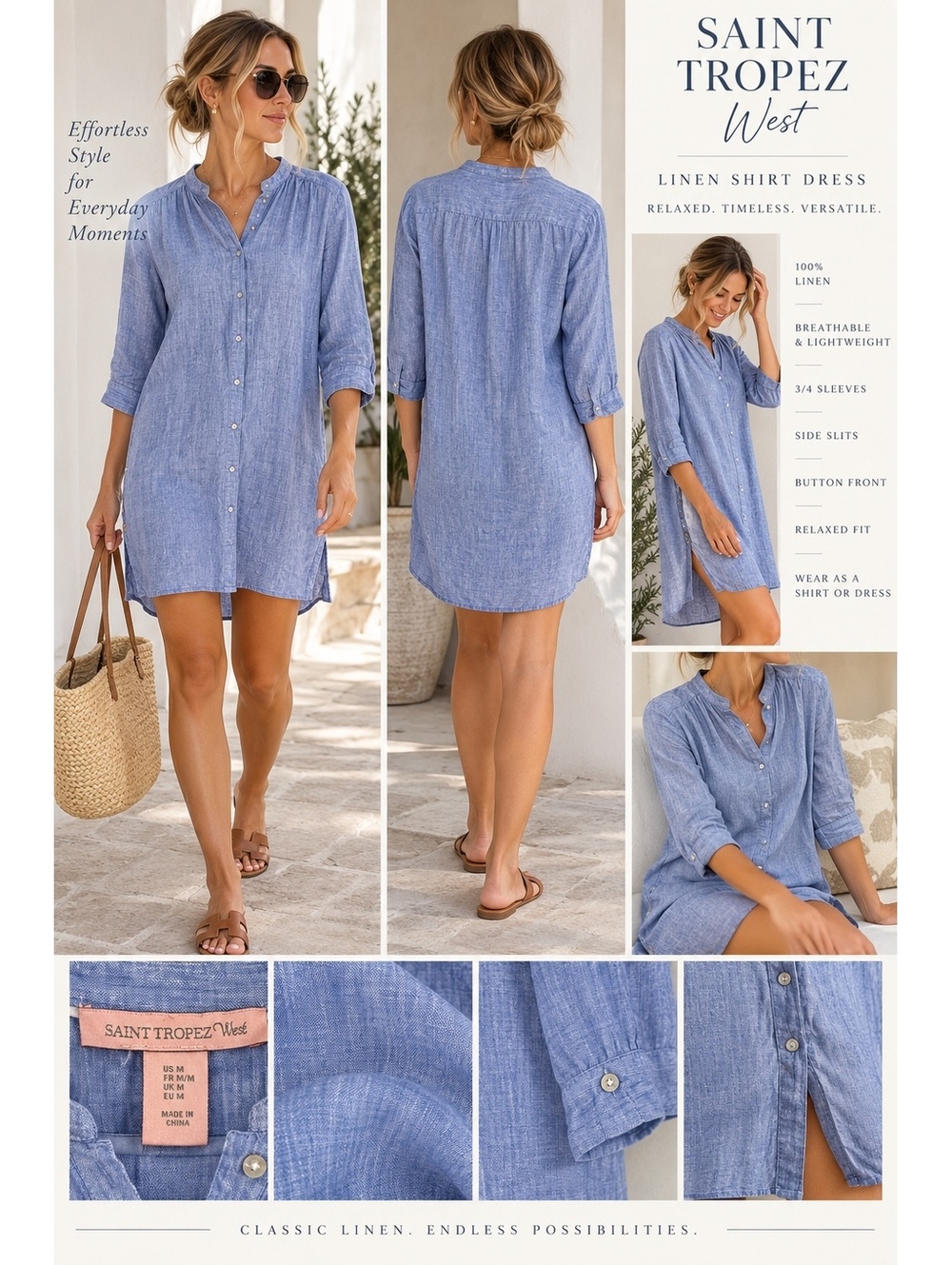 Saint Tropez West Blue coastal grandma Linen Shirt Dress Size M
